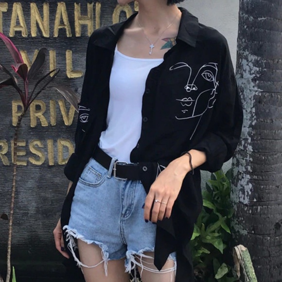Star Posh Tops - Abstract Face Drawing Button Down Top